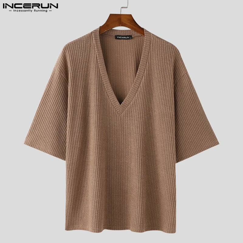 V Neck Half Sleeve Solid Color Ribbed Knitted Shirt