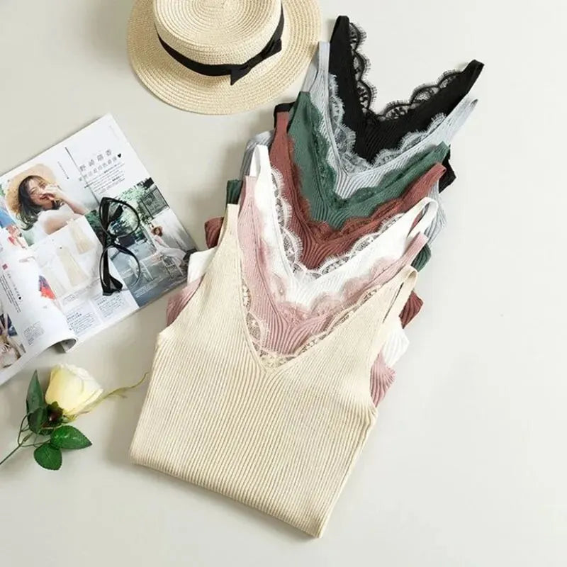 Lace Top V-neck Solid Knit Tank