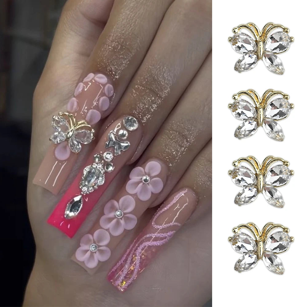 10Pcs Fairy Pink Zircon Nail Art 3D Charms Jewelry Butterfly Shaped Nail Crystal Alloy Decals 11*9mm Rhinestone Nail Decoration*