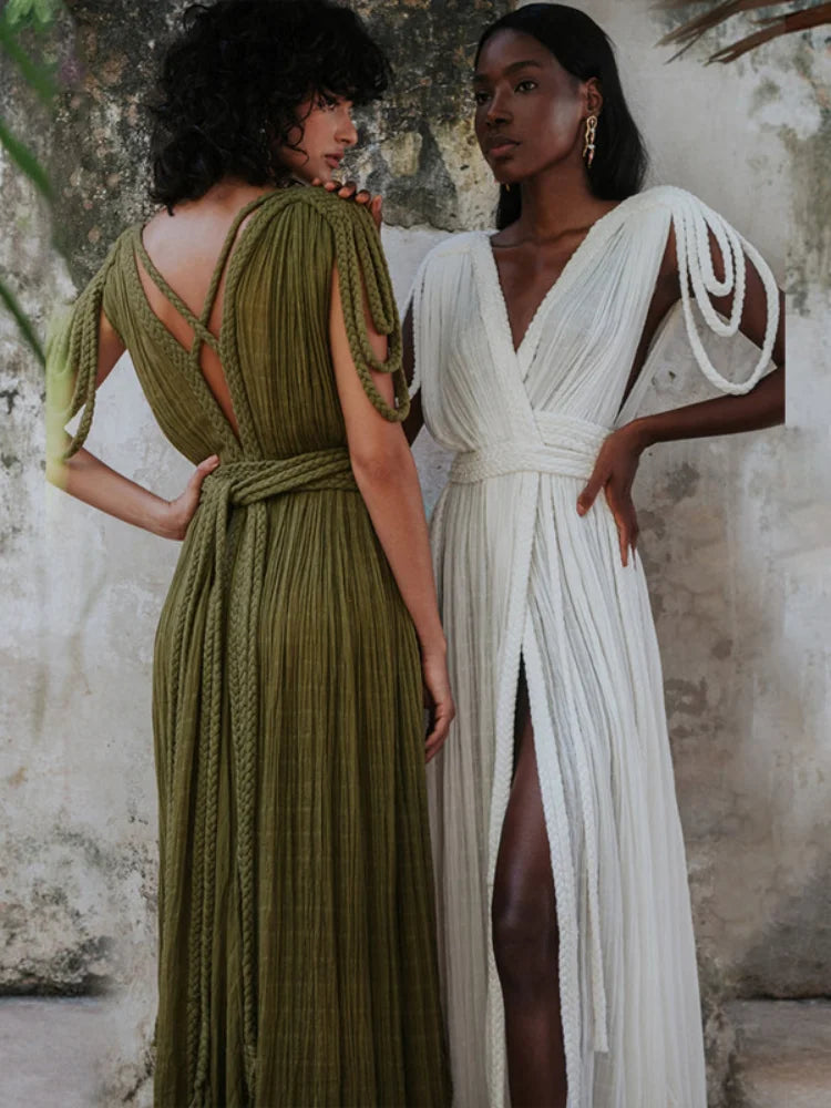 Strap Off Shoulder Hanging Neck Woven Rope Dress