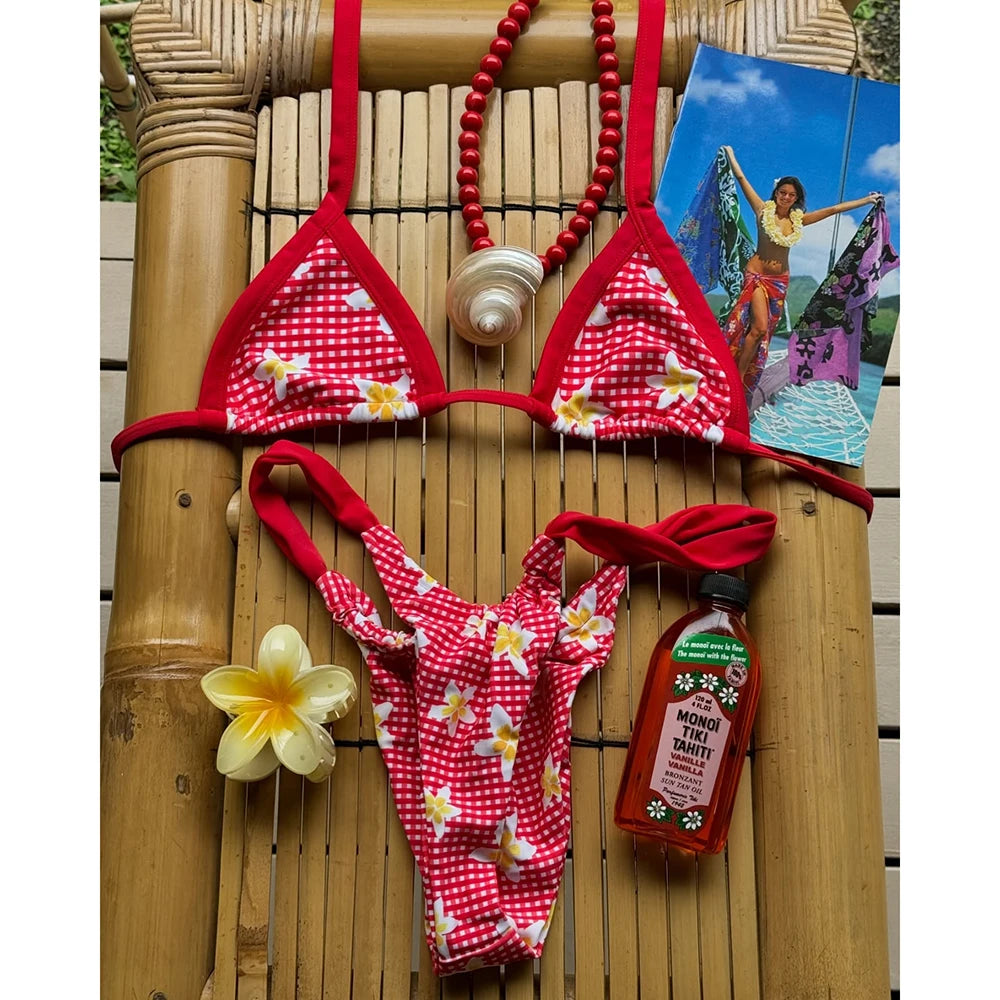 Gingham Bikini Set with Yellow Plumeria Floral Print