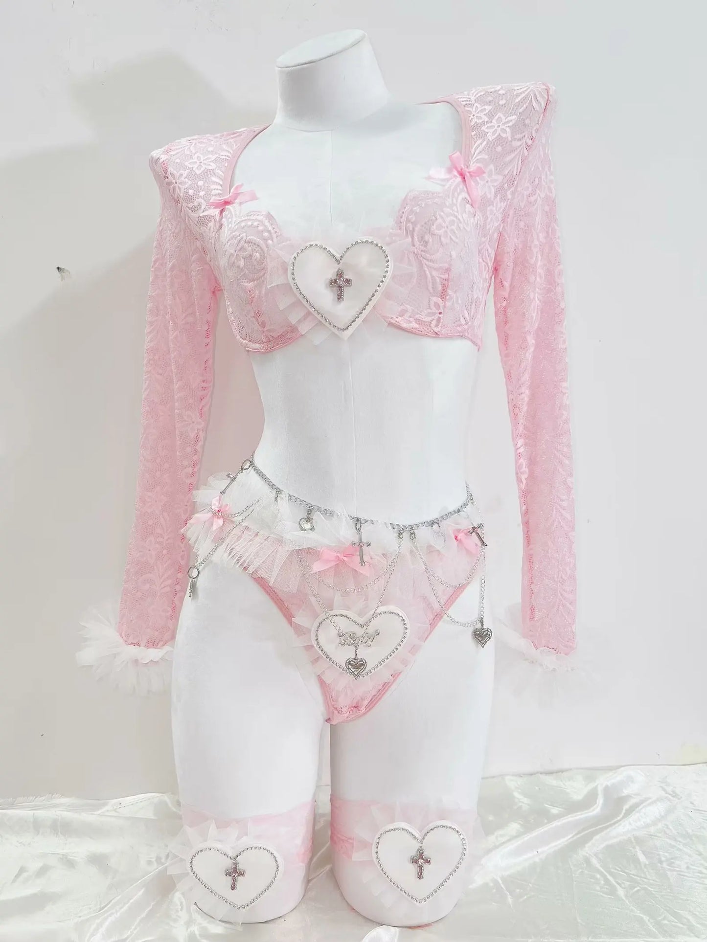 Pink Lace Heart & Cross Chain Lingerie Set