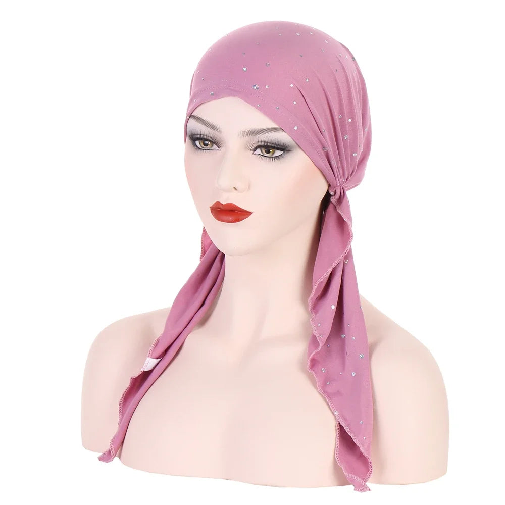 Shiny Glitter Elastic Solid Color Pre-Tied Hijabs Wrap Head Scarf Muslim Turban Bonnet for Women Inner Hat Turbantes Caps Mujer