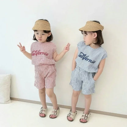1～6歳 ベビー 男の子 ストライプ サマートラックスーツ 子供 レタープリント ノースリーブ 服セット ベビー 2点セット 韓国 夏 ファッション 服装