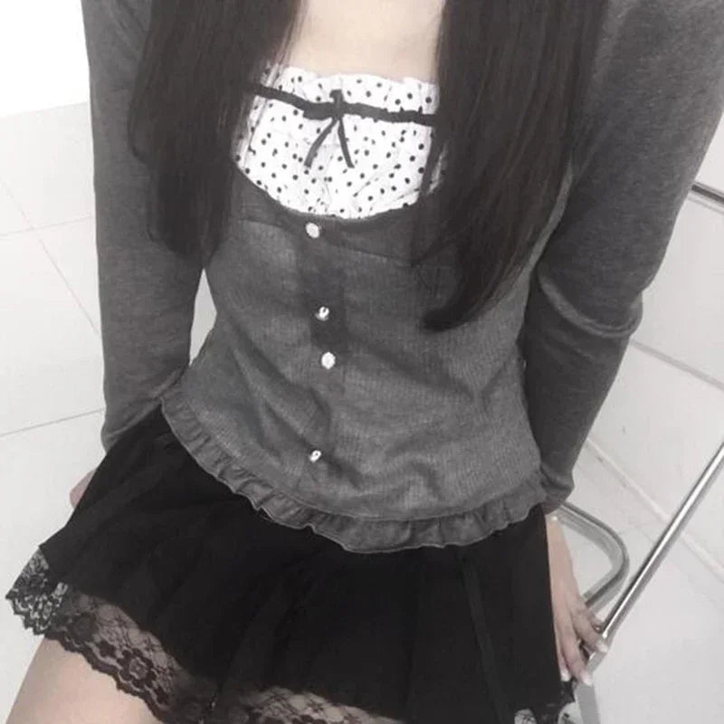 Polka Dot Print Contrast Patchwork Knitted Top