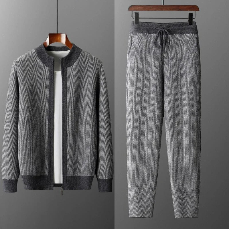 Merino Wool Sweater Cardigan Pants Autumn Winter Knitted Thick Soft Herringbone Color Blocking Pants Set