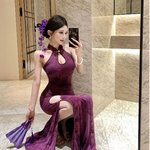 Velvet  Dress with Lace Design