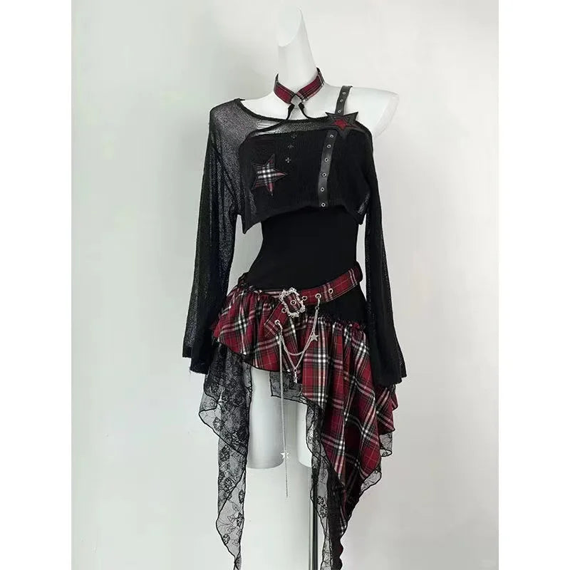 Crop Top Blouse + Black High Waist Retro Skirt Set