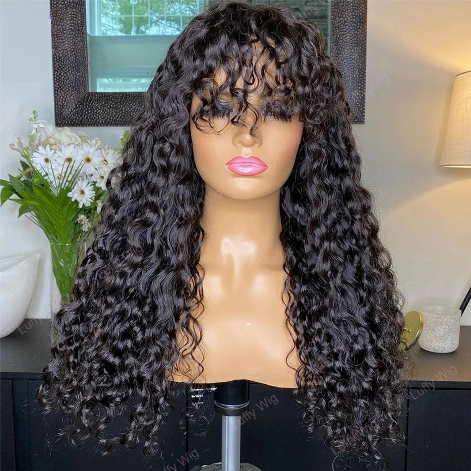 Water Wave Human Hair Wigs With Bangs