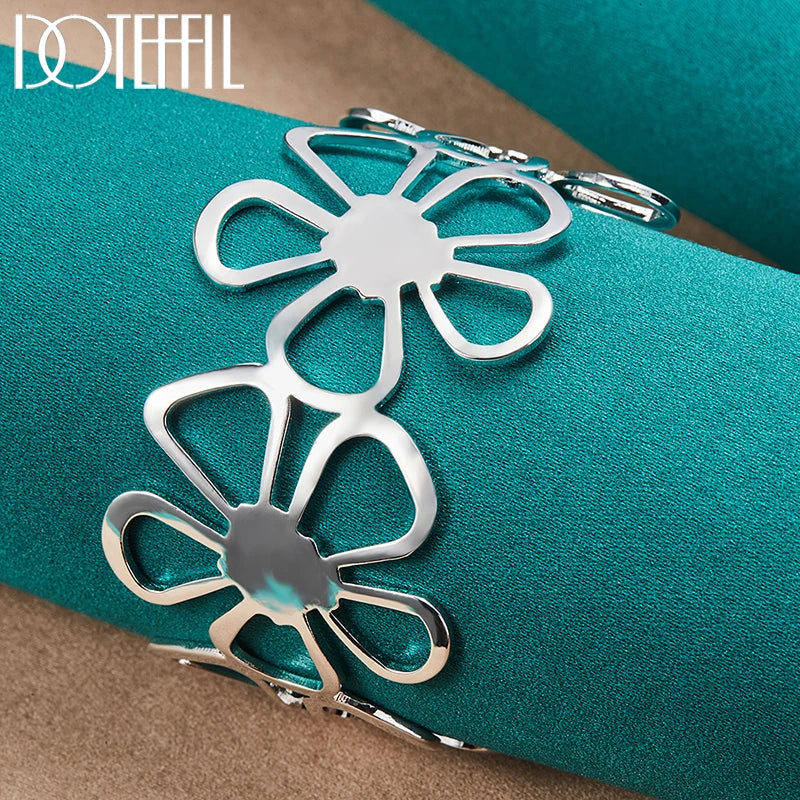925 Sterling Silver 18 Inch Chain Flower Necklace Bangle Earring Set