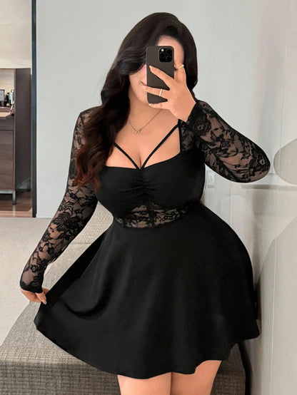 Lace Long Sleeve Mini Dress with Cut-Out Bodice