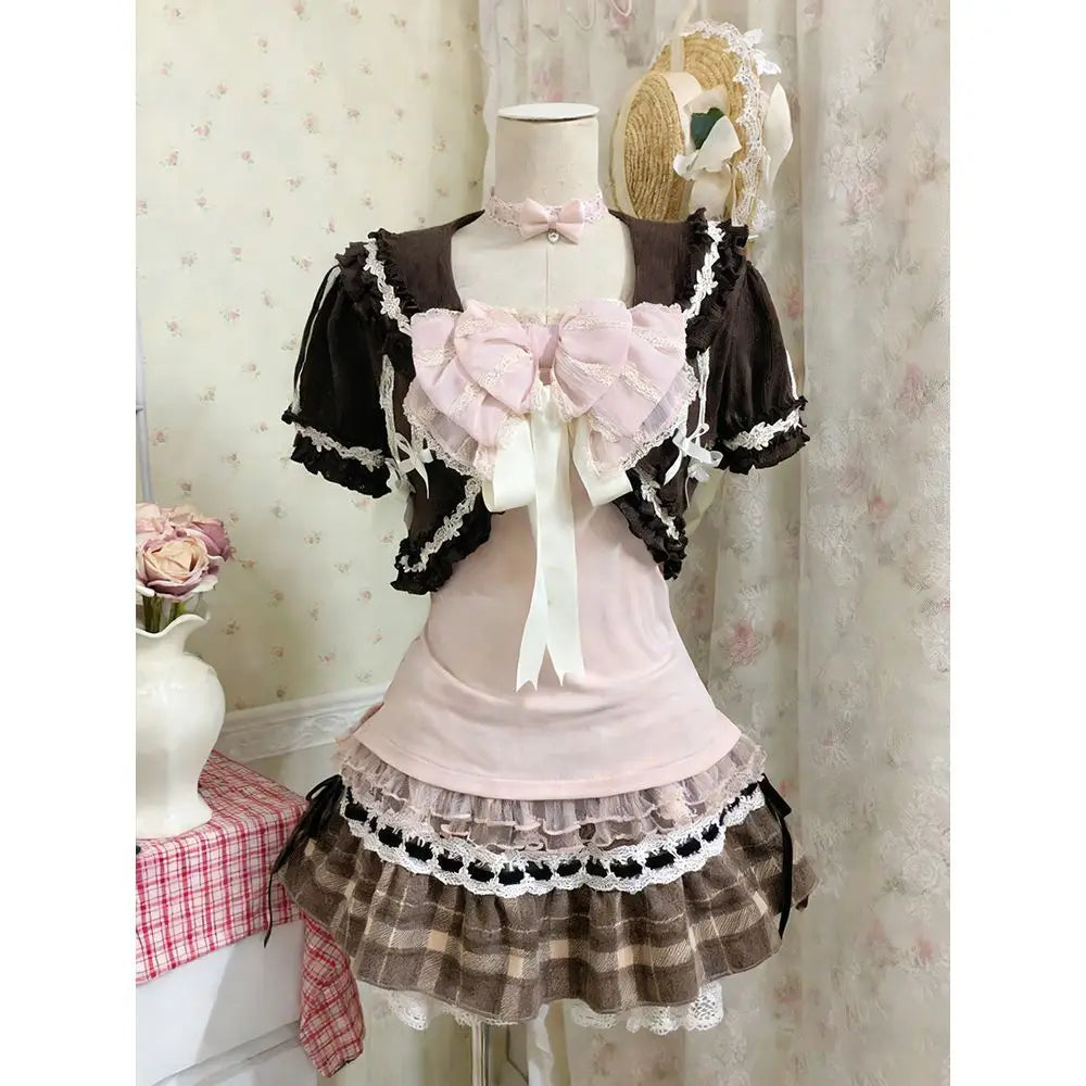 Casual Bow Top + Brown Lace Cardigan + Plaid Ruffle Skirt Set