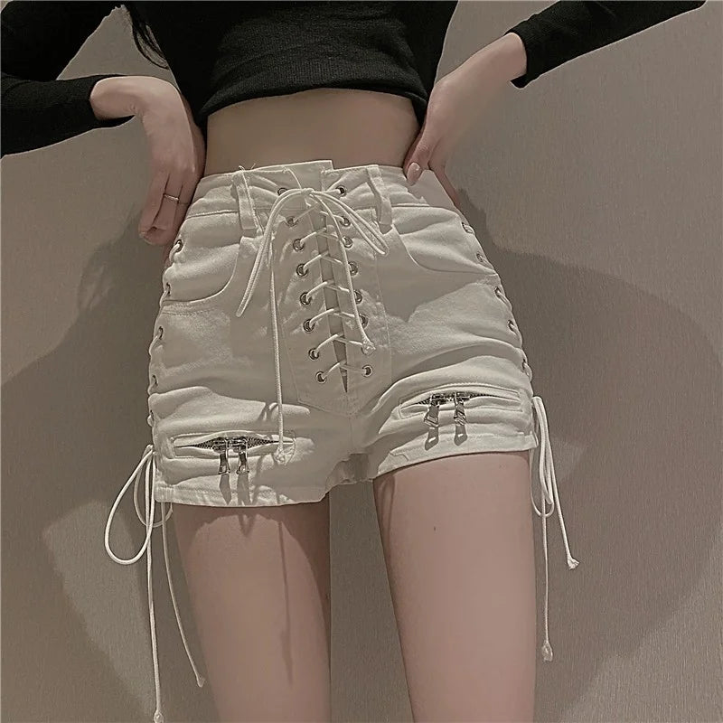 High-Waisted Lace-Up Front Denim Shorts