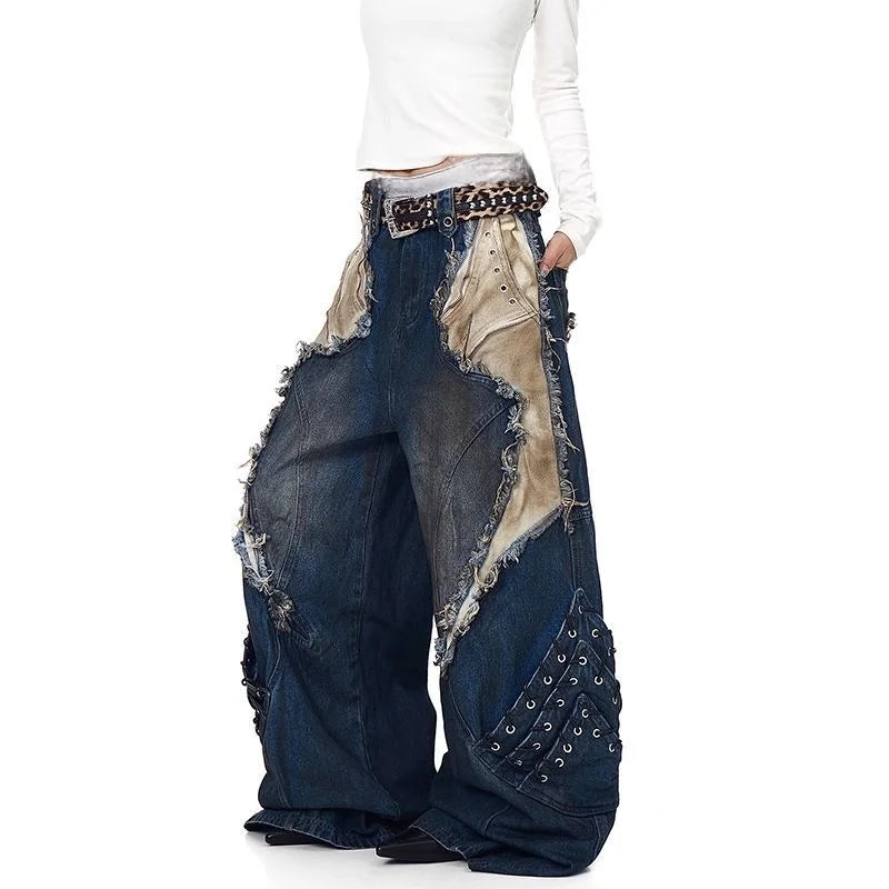 Washed Patchwork Baggy Ripped Jeans