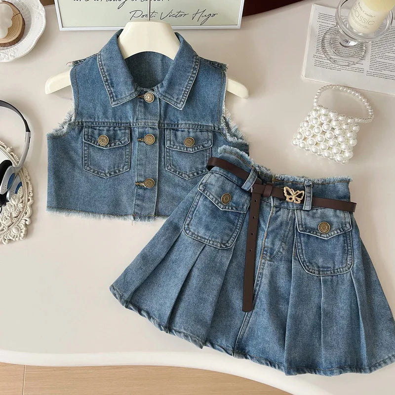 Sleeveless Fringed Vest and Pleated Skirt Denim Two-Piece Set