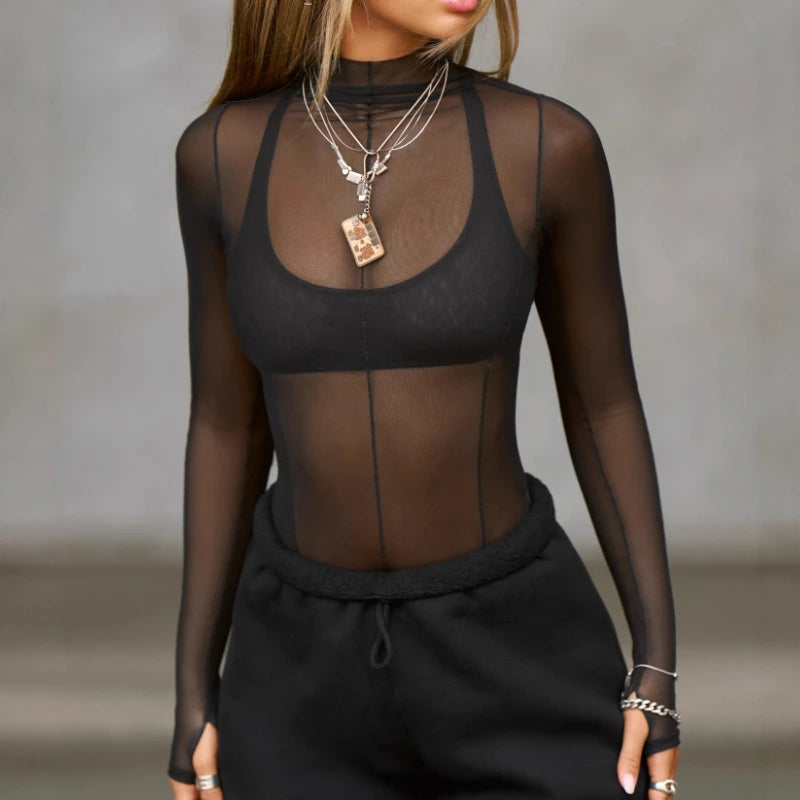 Sheer Mesh See Through Long-Sleeve Top