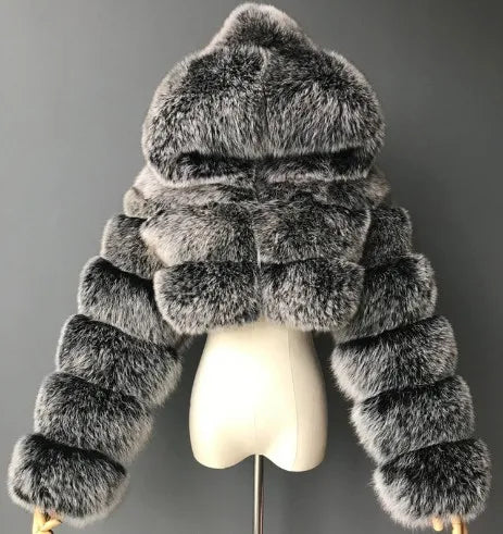 Women Faux Fox Fur Coats Short Work Fur Jackets Spliced Hooded Long Sleeves Thick Warm Fur Loose Y2k Casual 2025 Autumn Winter