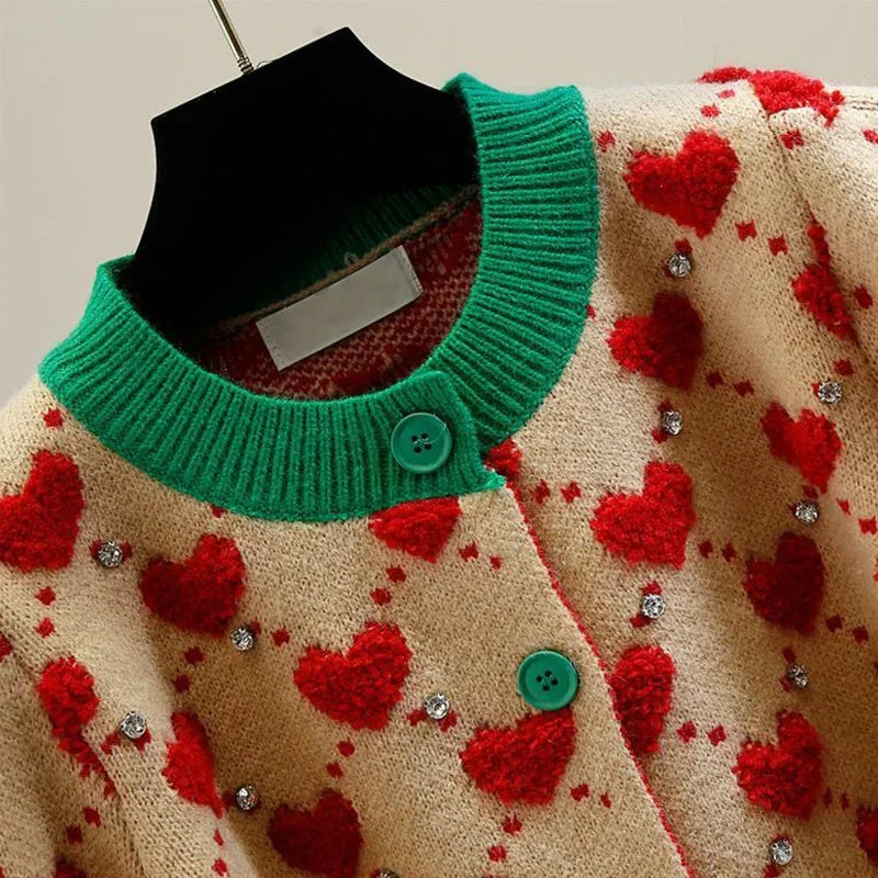 Heart Plaid O-Neck Knitted Cardigan