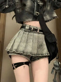 High-Waisted Acid Wash Pleated Denim Skort