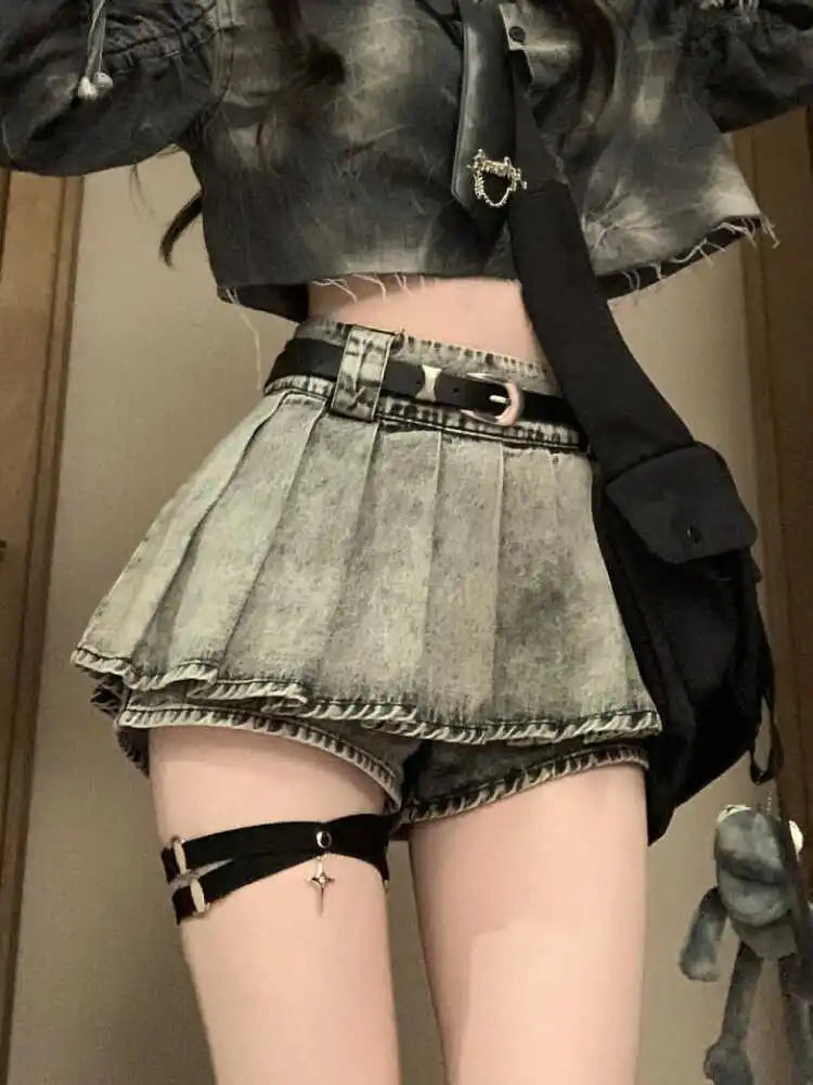 High-Waisted Acid Wash Pleated Denim Skort