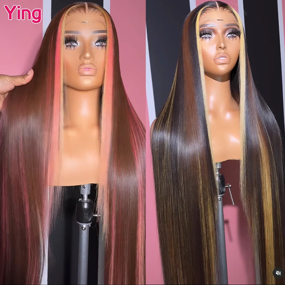 Ying Bone Straight Peruvian Neapolitan Colored Pink Brown 13x6 Lace Frontal Wig
