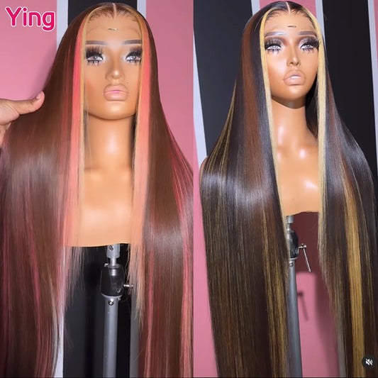 Ying Bone Straight Peruvian Neapolitan Colored Pink Brown 13x6 Lace Frontal Wig