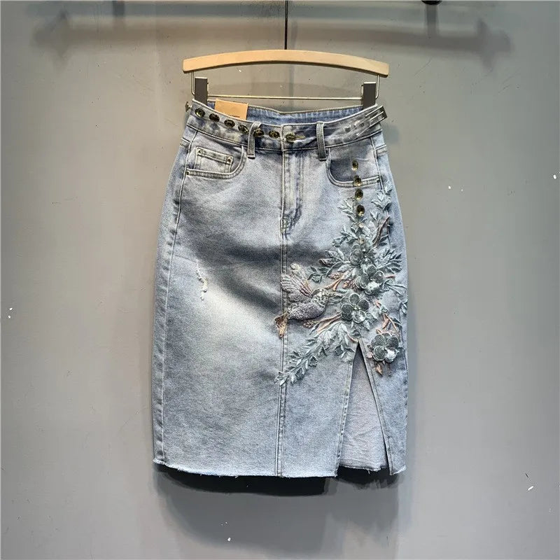 Floral Embroidered Denim Skirt
