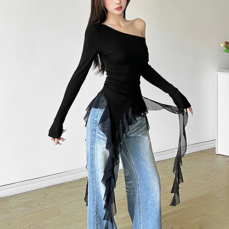 Lamuusaa Solid Color Off Shoulder Long Sleeve Asymmetrical Ruffle Hem T-Shirt