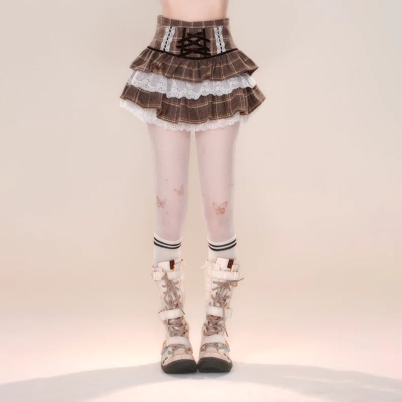Patchwork Plaid Print Lace Ruffle Cake Skirt