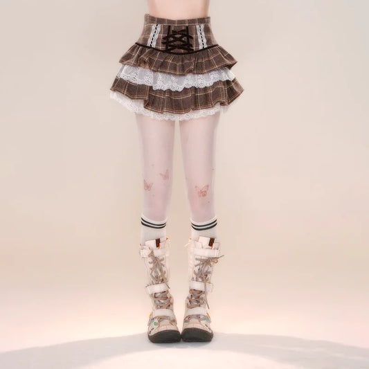 Patchwork Plaid Print Lace Ruffle Cake Skirt
