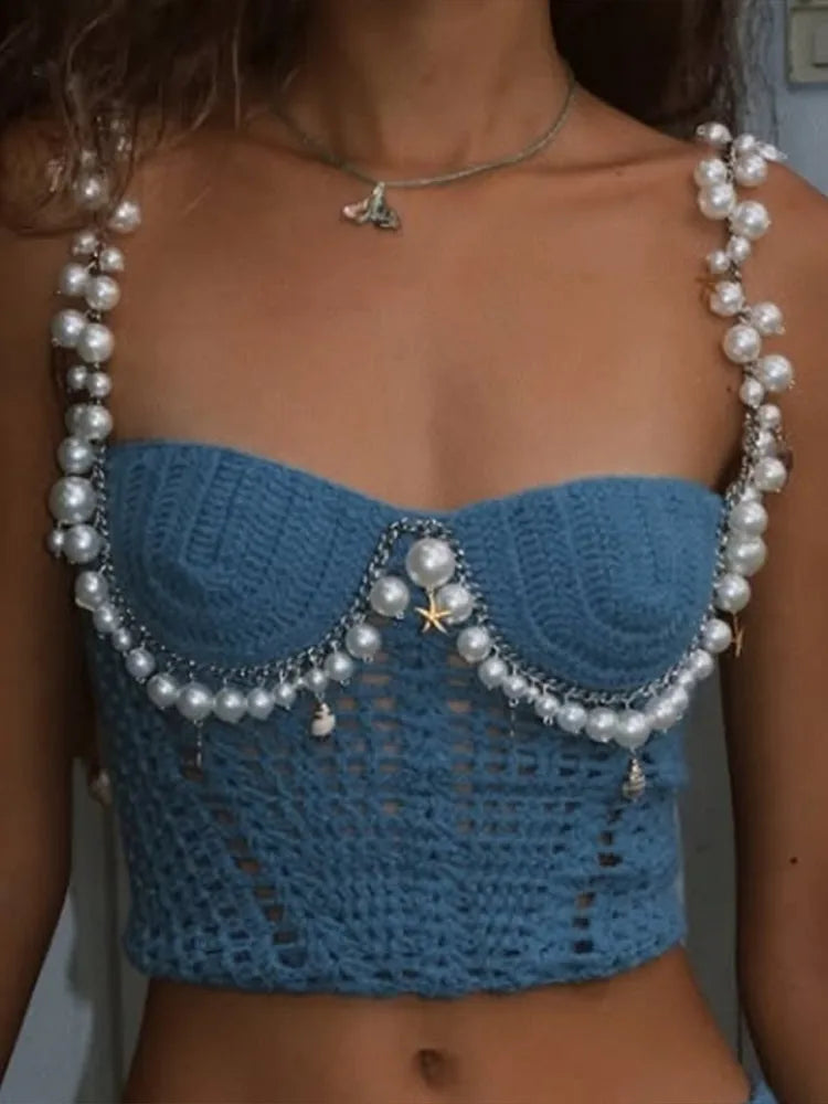 Beading Crochet Crop Vest Shorts Set