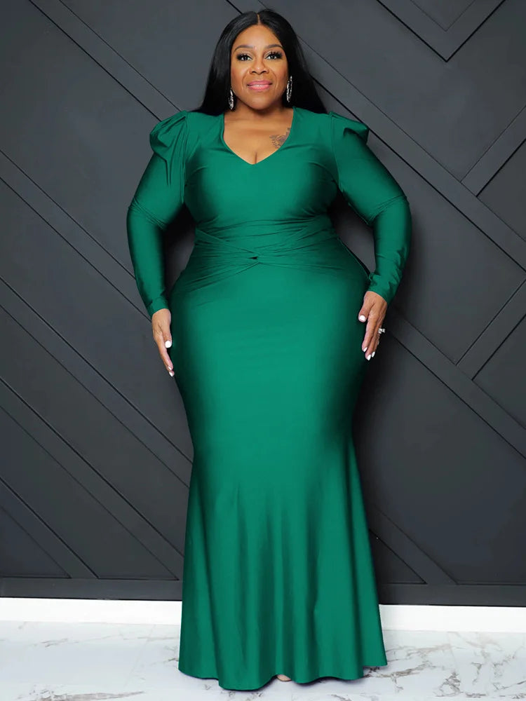 V Neck Long Sleeve Full Length Bodycon Dress