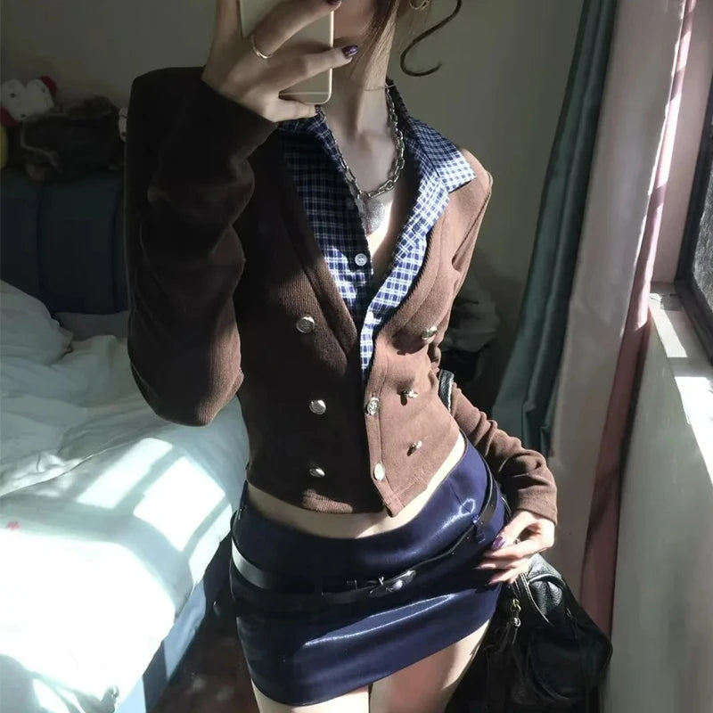 Long Sleeve Fake Two Piece Tops
