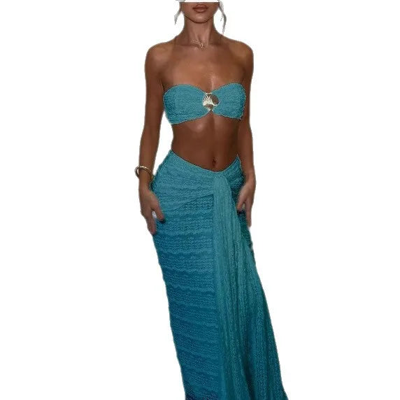 Solid Color Casual Trendy Lace Set