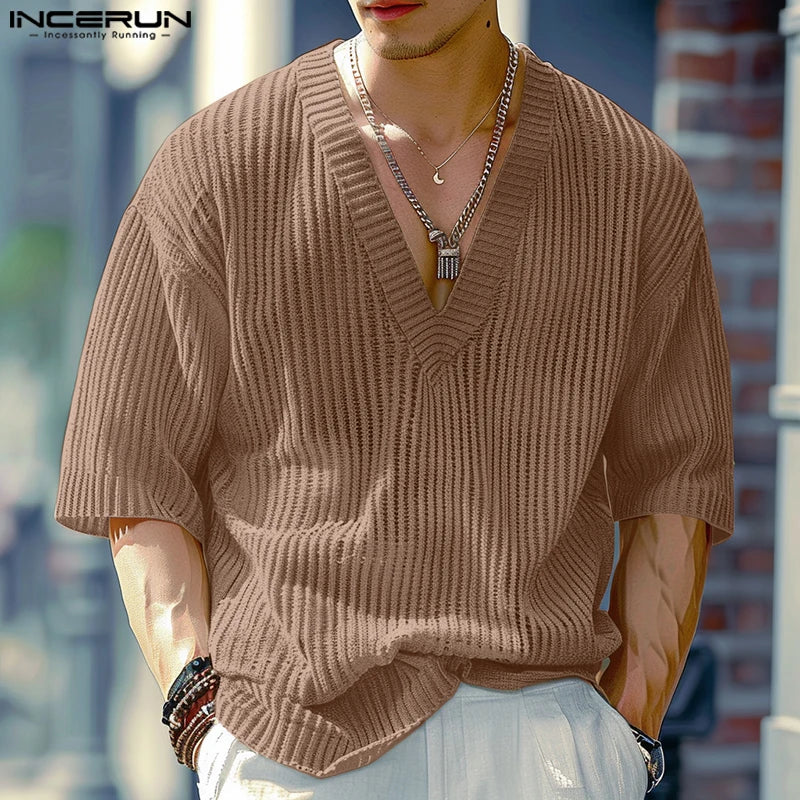 V Neck Half Sleeve Solid Color Ribbed Knitted Shirt