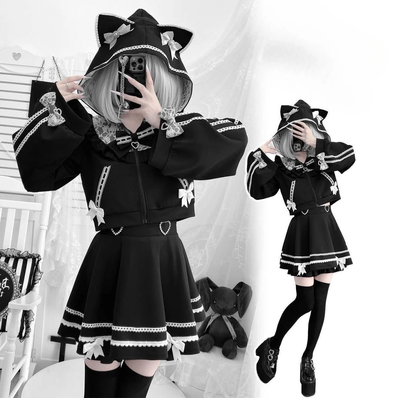 Hooded Short Coat + Lace Patchwork Mini Skirt Set