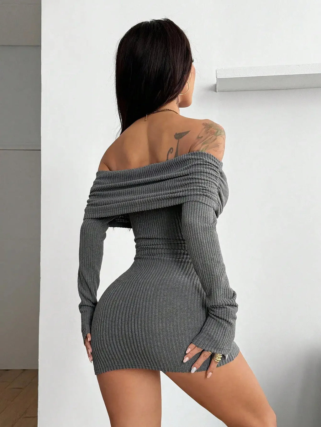 Ribbed Knit Elastic Fitted Shoulder Bared Mini Dress
