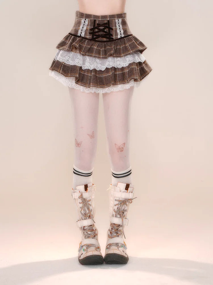 Patchwork Plaid Print Lace Ruffle Cake Skirt