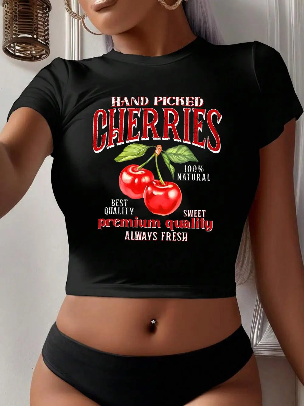 Hand Picked Cherries Prints Short Sleeve Stretch Soft O-Neck Tee