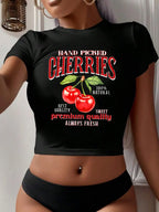 Hand Picked Cherries Prints Short Sleeve Stretch Soft O-Neck Tee