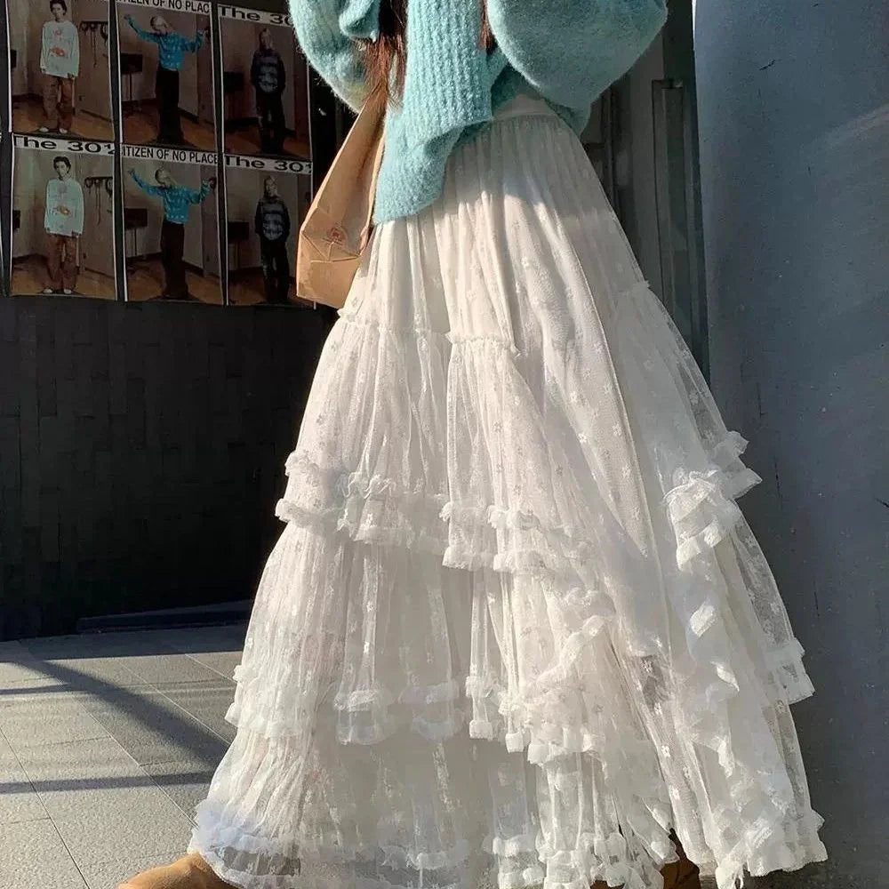 A-Line Lace Cake Loose Midi Skirt