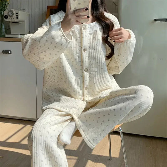 Floral Sleepwear Women Pajama Sets Winter Piiama Fleece Pants Sets 2 Pieces Korean Cute Lace Night Wears Warm Sleeping Home Suit