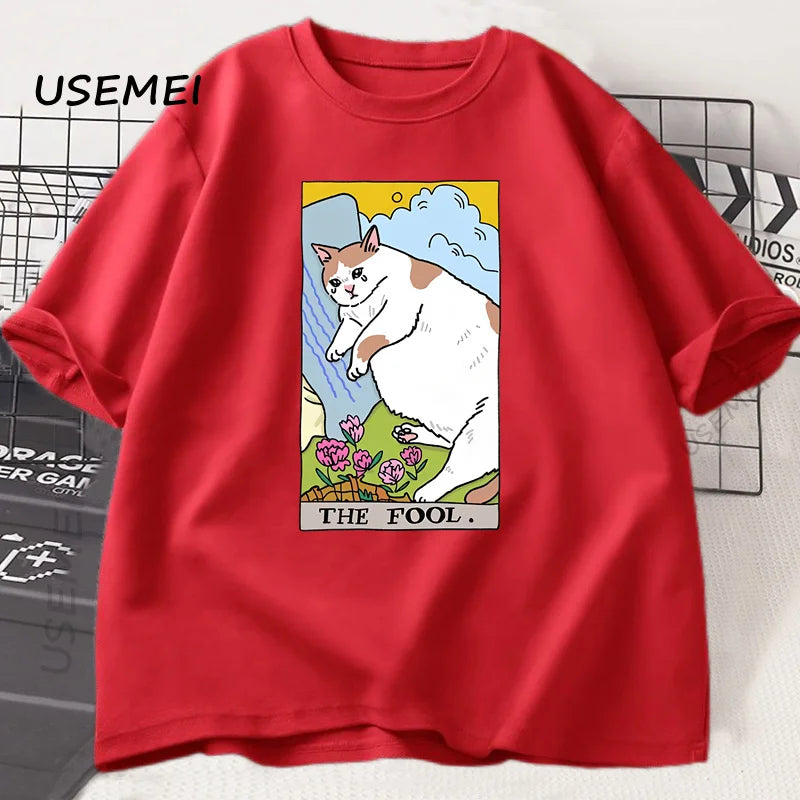悲しい猫のミーム ザ・フール タロット Tシャツ メンズ レディース 魔女風ファッション 泣いている猫 Tシャツ カジュアル オーバーサイズ Tシャツ ストリートウェア