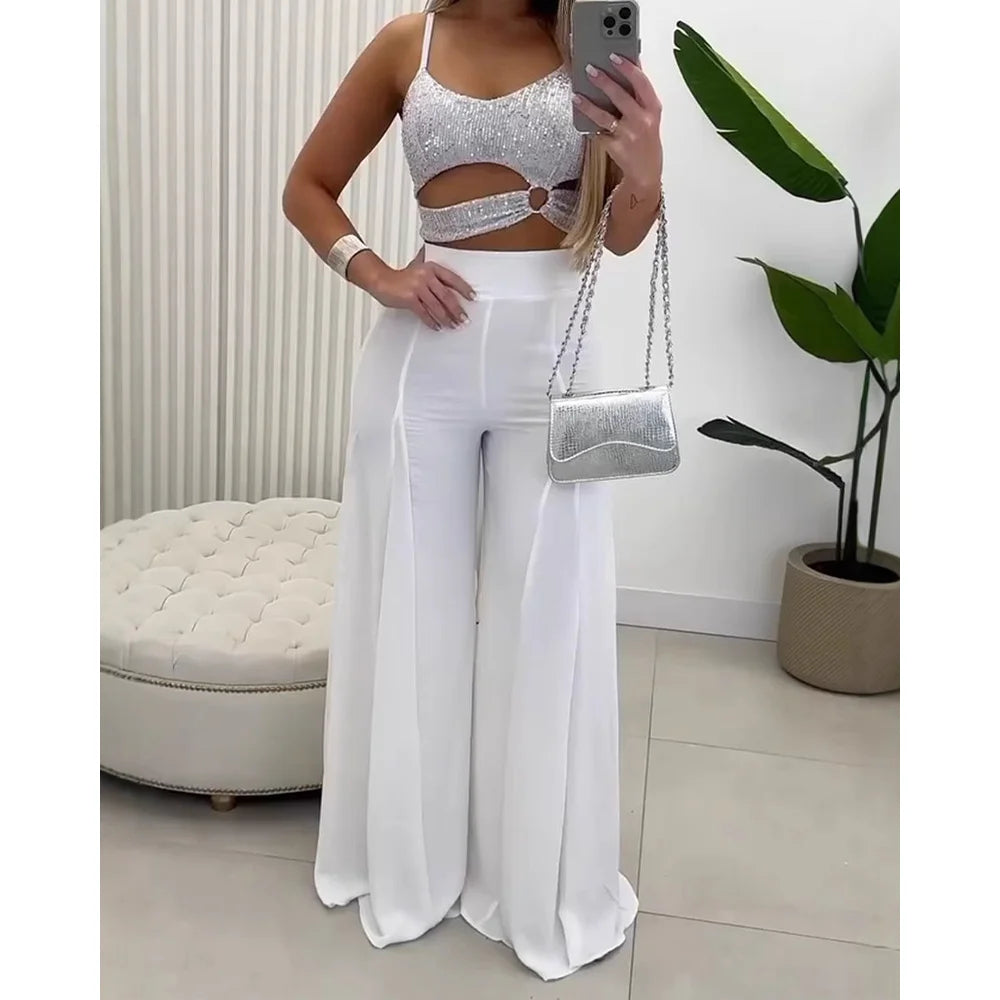 Slim Fit Wide Leg Pants Spaghetti Strap Top Set
