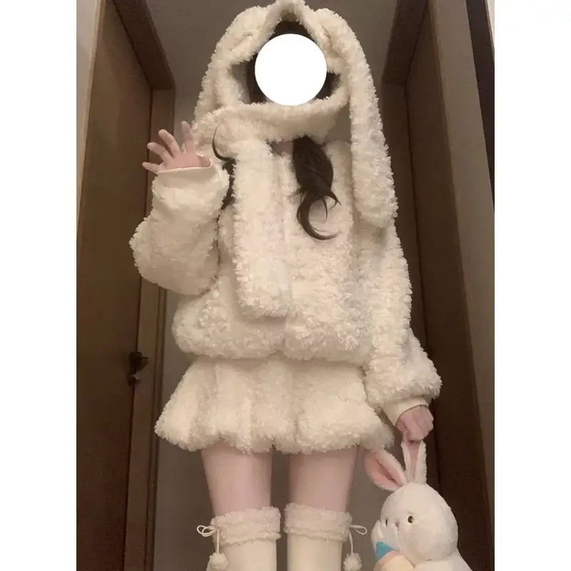 Rabbit Ear Lamb Fur Jacket And High Waist Short Skirt Set