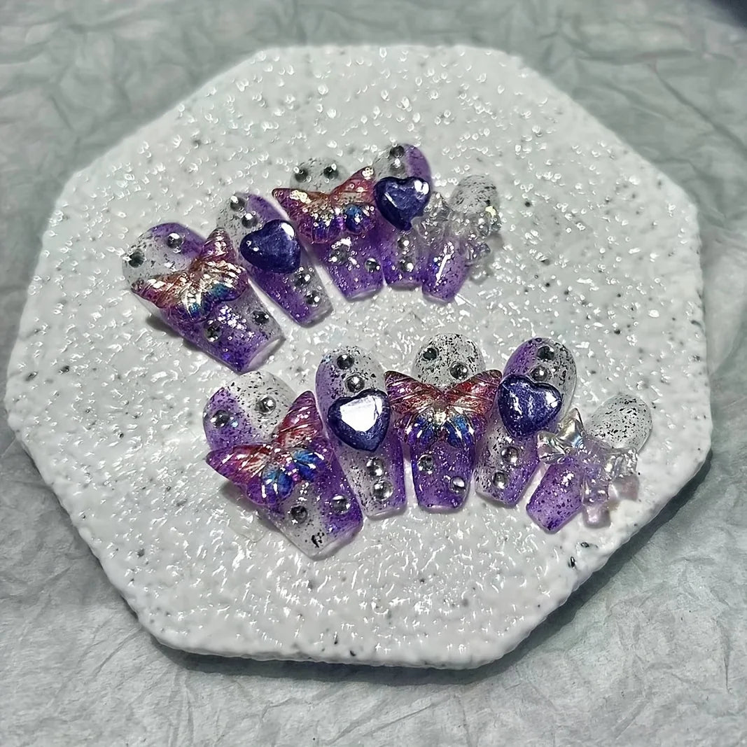 10 Pieces Purple Fantasy Butterfly Fake Nails Heart Diamond Sparkling Nail Art Patch Y2K Spice Girls Handmade Wearable Nails