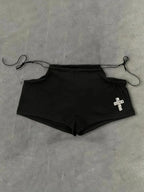 Cross Print Side Tie Low Rise Micro Shorts