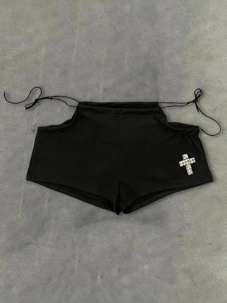 Cross Print Side Tie Low Rise Micro Shorts