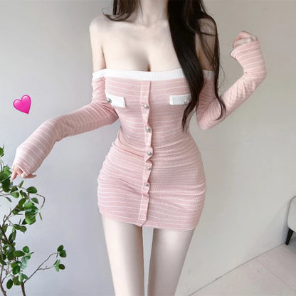 Striped Off-the-Shoulder Knit Bodycon Mini Dress