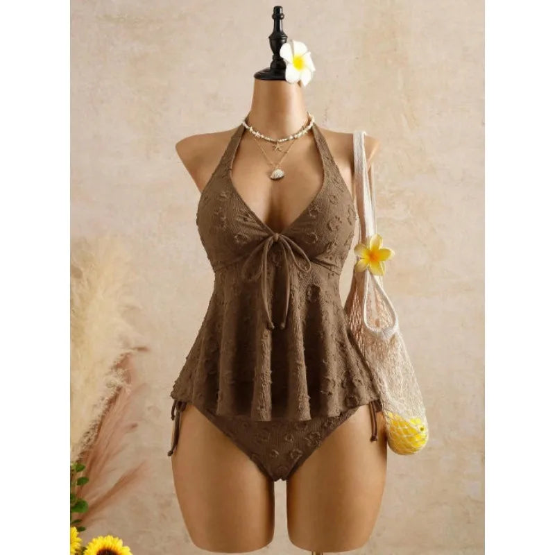 V Neck Halter Backless Lace Up Bikini